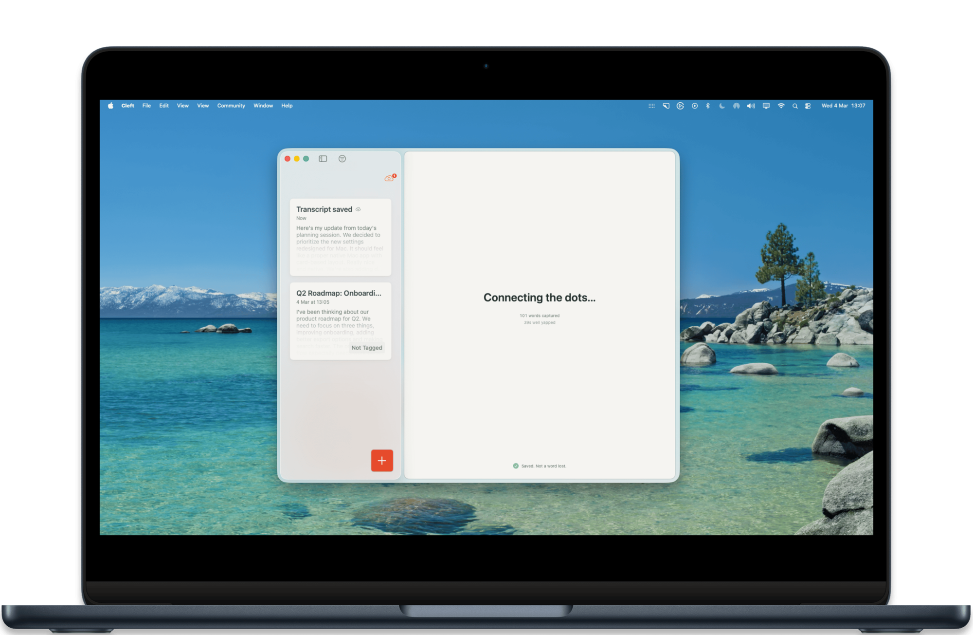 Cleft processing a voice note on macOS — 'Connecting the dots' with word count and time