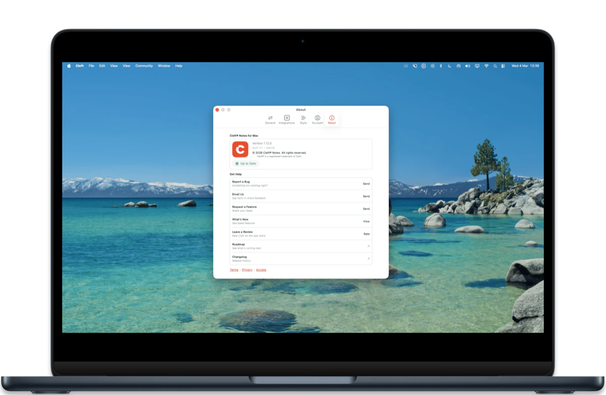 Cleft macOS About settings — version info, support links, and legal