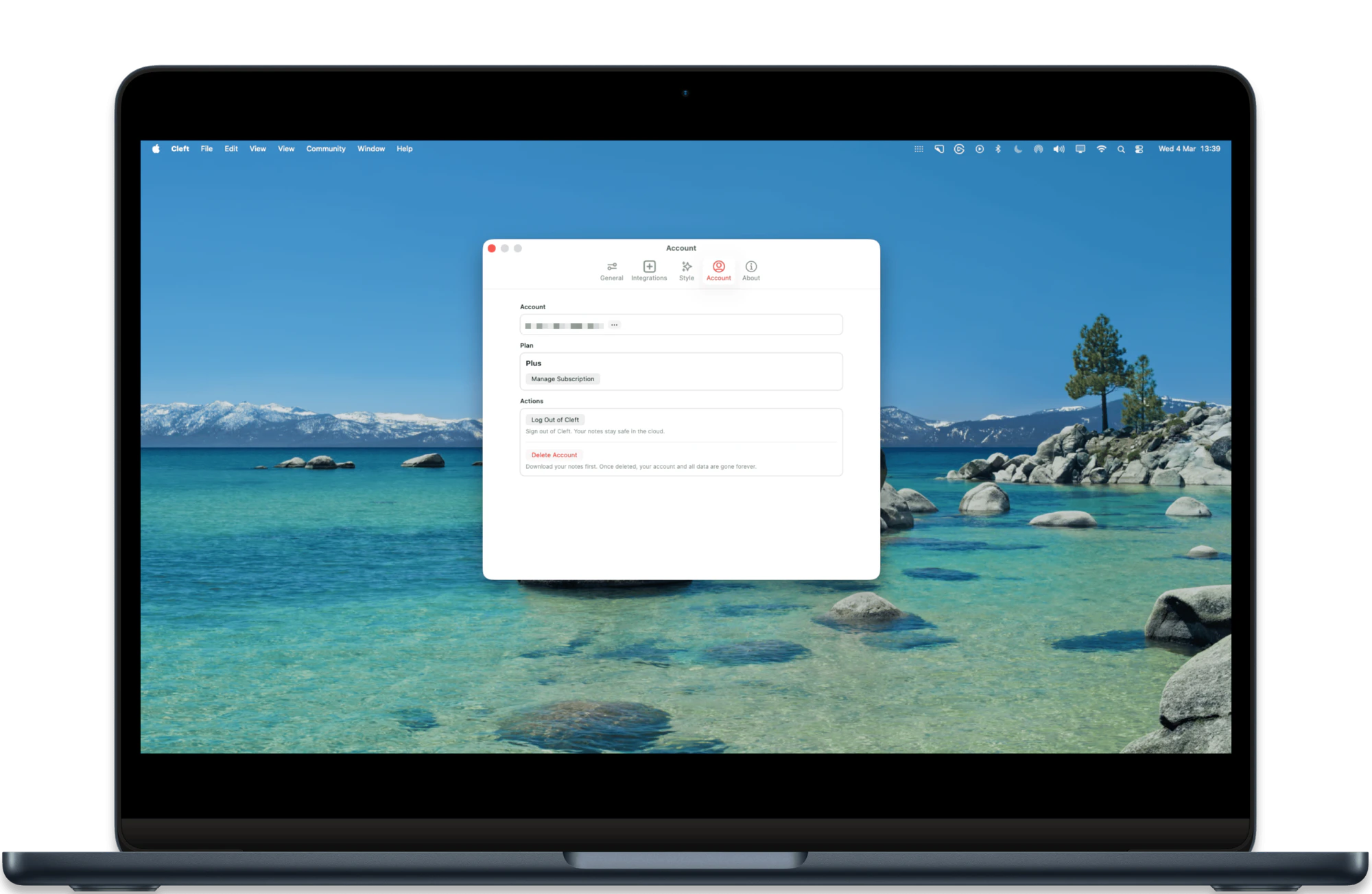 Cleft macOS Account settings — plan, subscription, and account actions