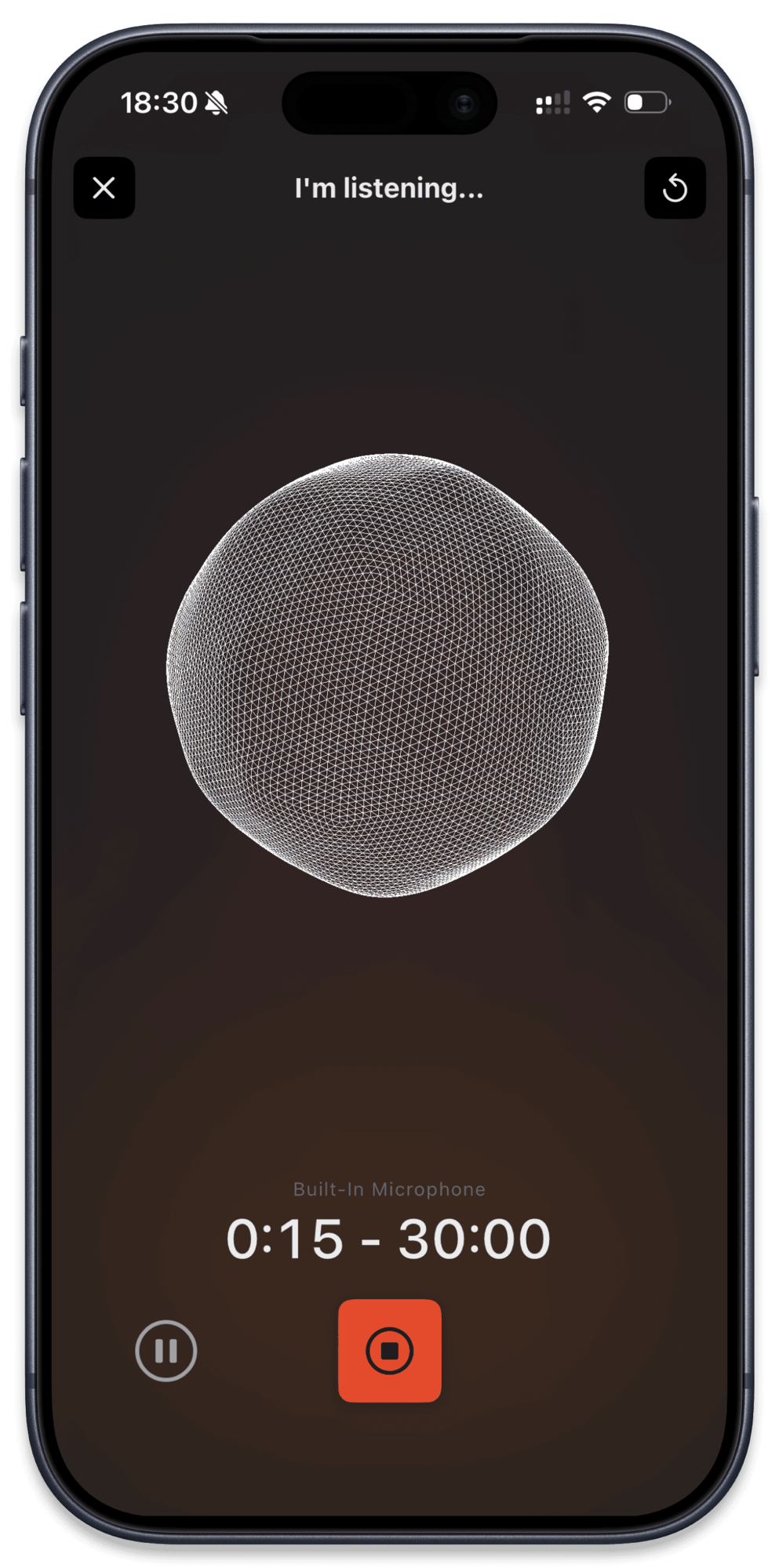 Cleft v1.11 recording view on iPhone with wireframe sphere visualization, restart button in top right, pause and stop controls at the bottom, and timer showing 0:15 of 30:00