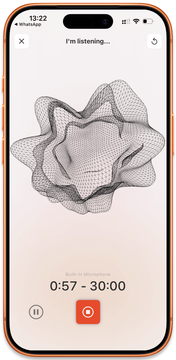 Cleft recording view on iPhone with wireframe sphere visualization, restart button in top right, pause and stop controls at the bottom, and timer showing recording progress