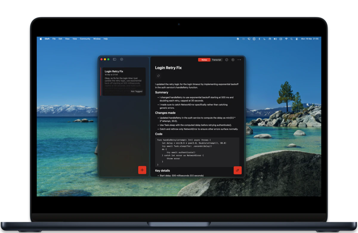 Cleft v1.12.1 on macOS in dark mode showing a voice note with code blocks rendered in monospace with a distinct background