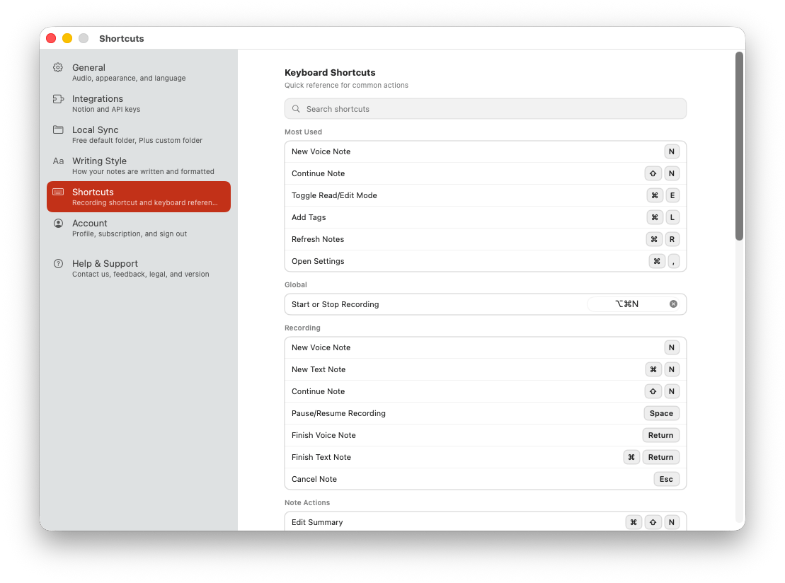 Cleft's Shortcuts settings on Mac. The page shows a search field, a Most Used shortcut list, the global Start or Stop Recording shortcut, and Recording shortcuts.