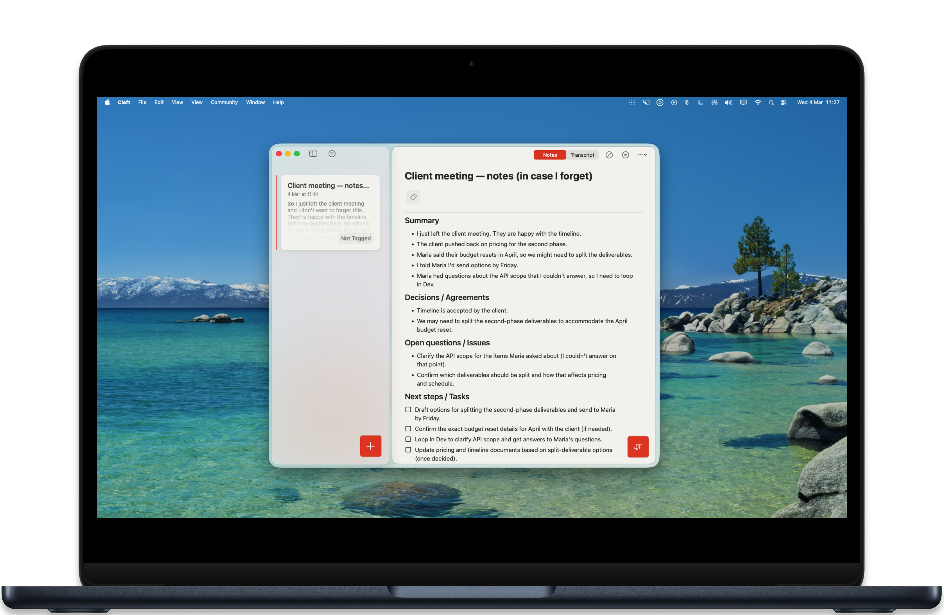 Cleft v1.12 on macOS showing a client meeting note organized into Summary, Decisions, Open Questions, and Next Steps