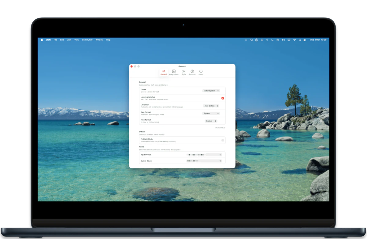 Cleft macOS General settings — theme, language, date format, audio devices