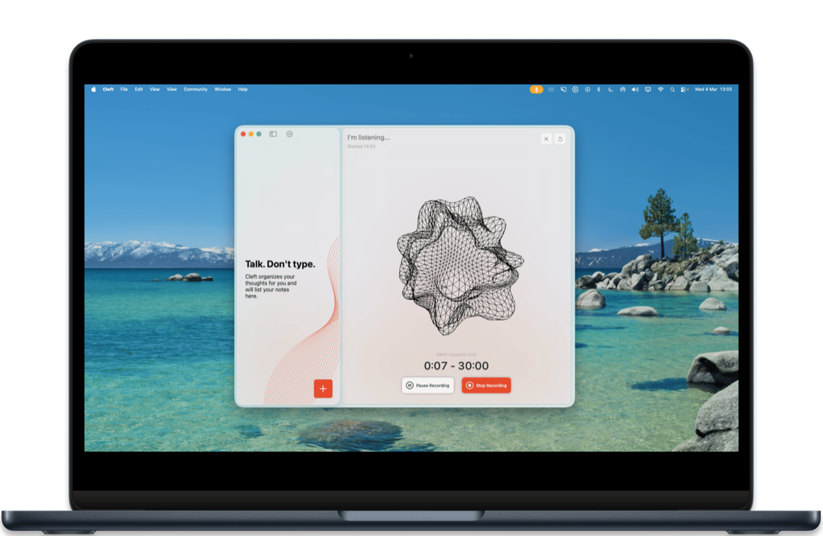 Cleft recording a voice note on MacBook with wireframe sphere visualization, timer at 0:07, and pause and stop controls