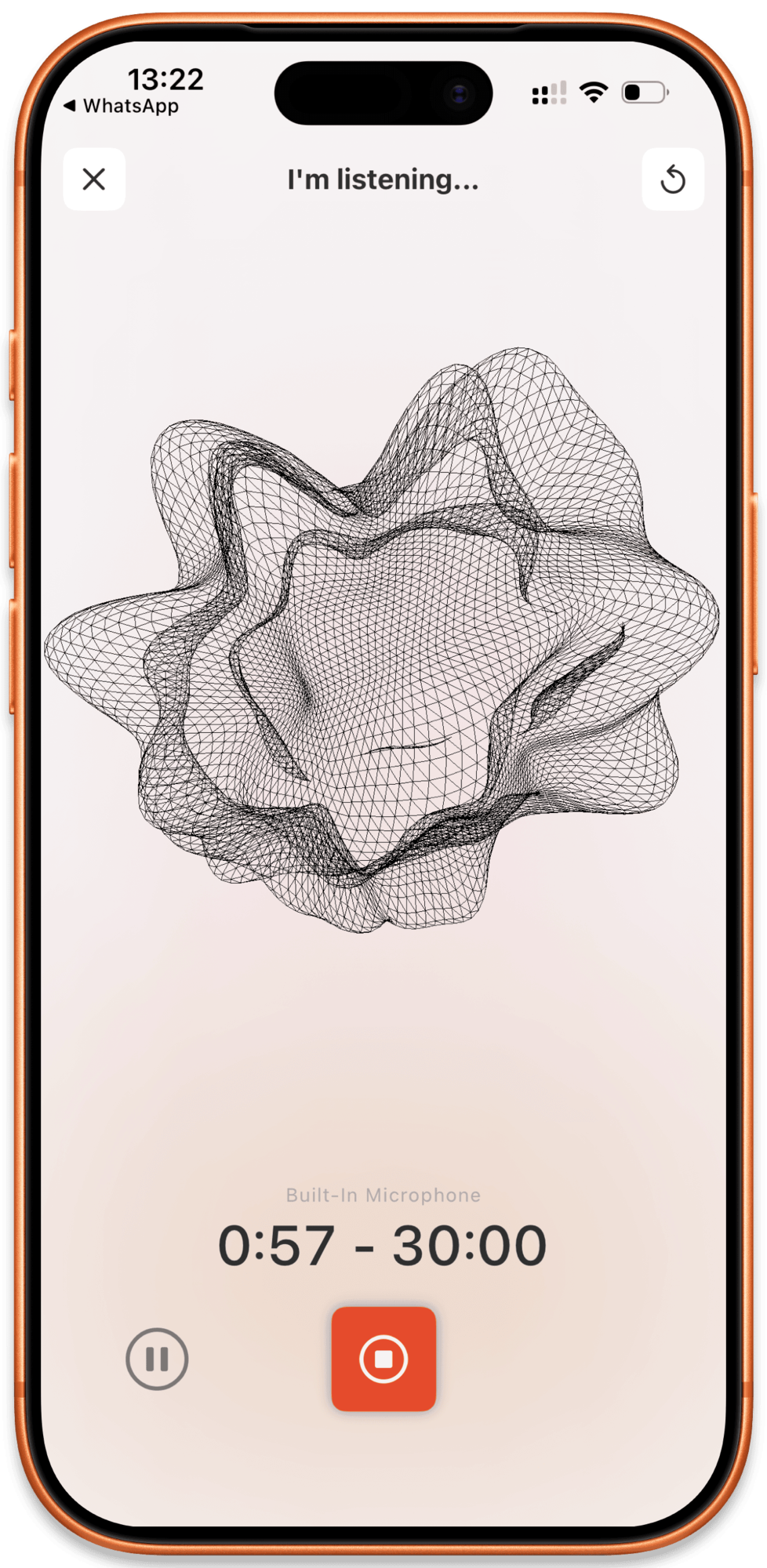Cleft recording on iPhone with wireframe sphere visualization, timer, and pause/stop controls