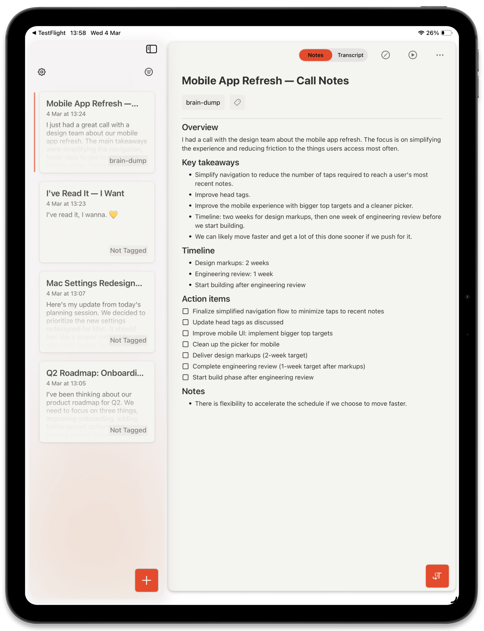 Finished voice note on iPhone with overview, key takeaways, timeline, and action items