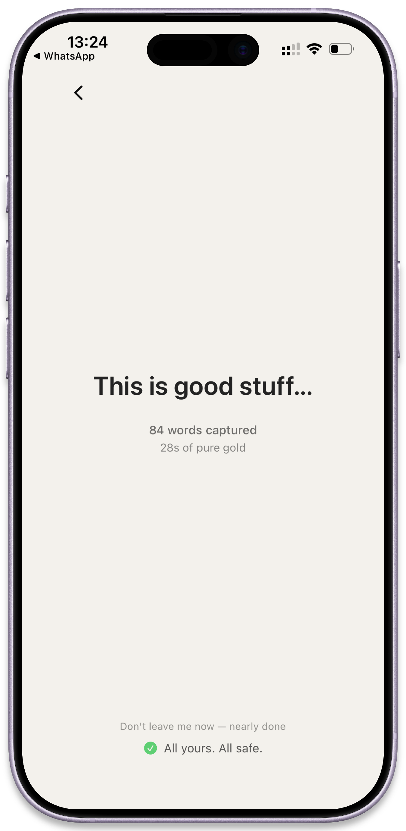 Cleft processing a voice note on iPhone — 'This is good stuff' with word count