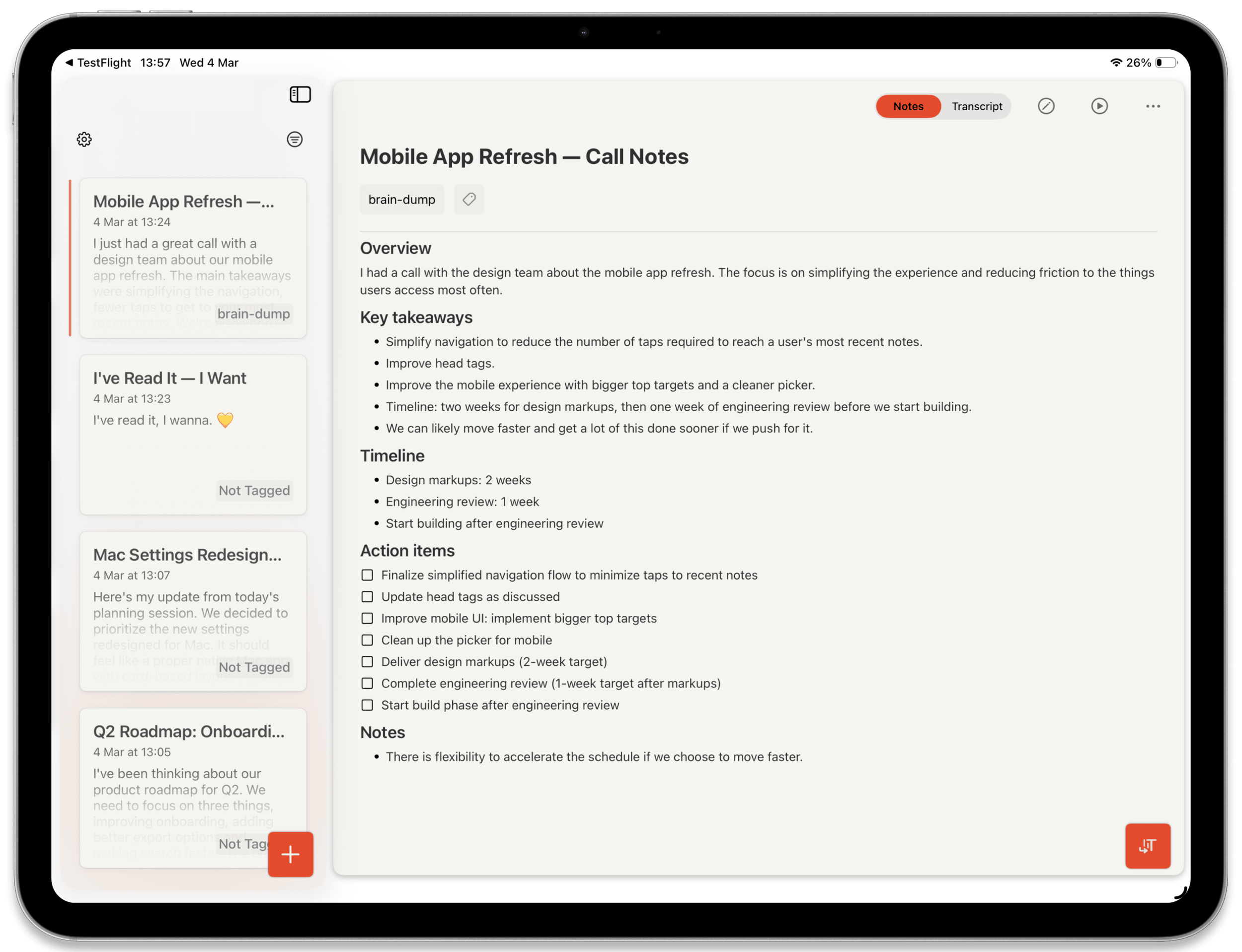 Cleft on iPad in landscape split view with notes list on the left and a call notes summary with key takeaways, timeline, and action items on the right