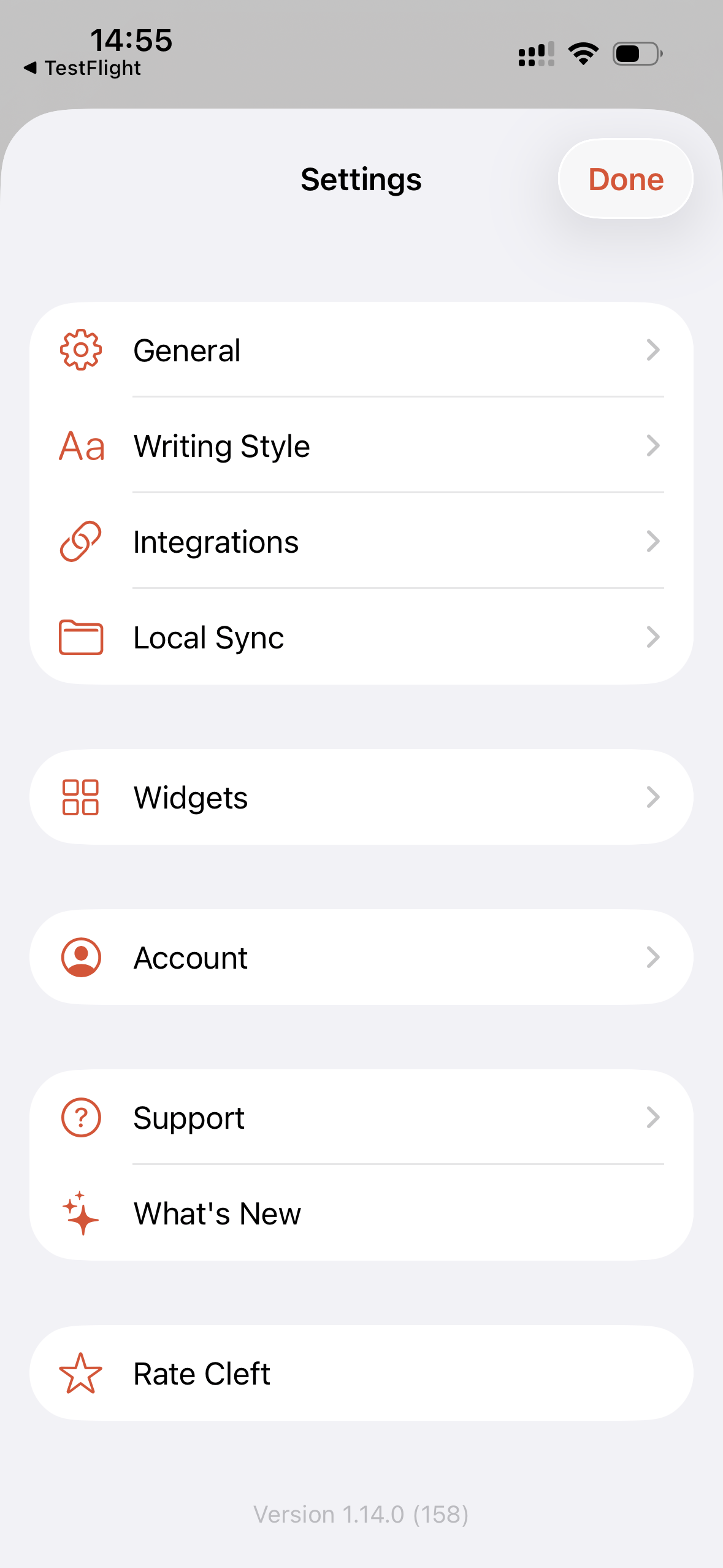 Cleft iPhone Settings screen showing General, Writing Style, Integrations, Local Sync, Widgets, Account, Support, What's New, and Rate Cleft.
