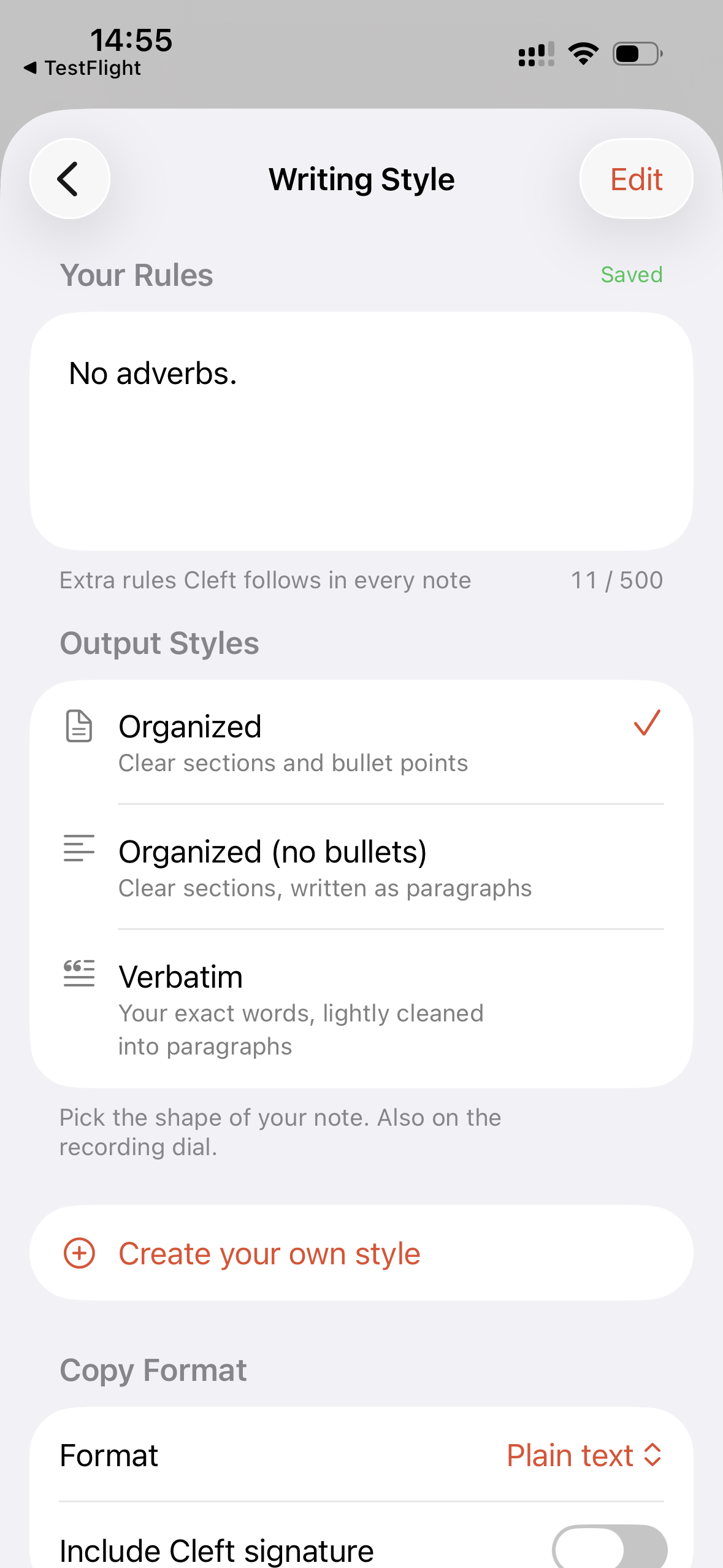 Cleft Writing Style settings on iPhone showing Your Rules and the Output Styles list.