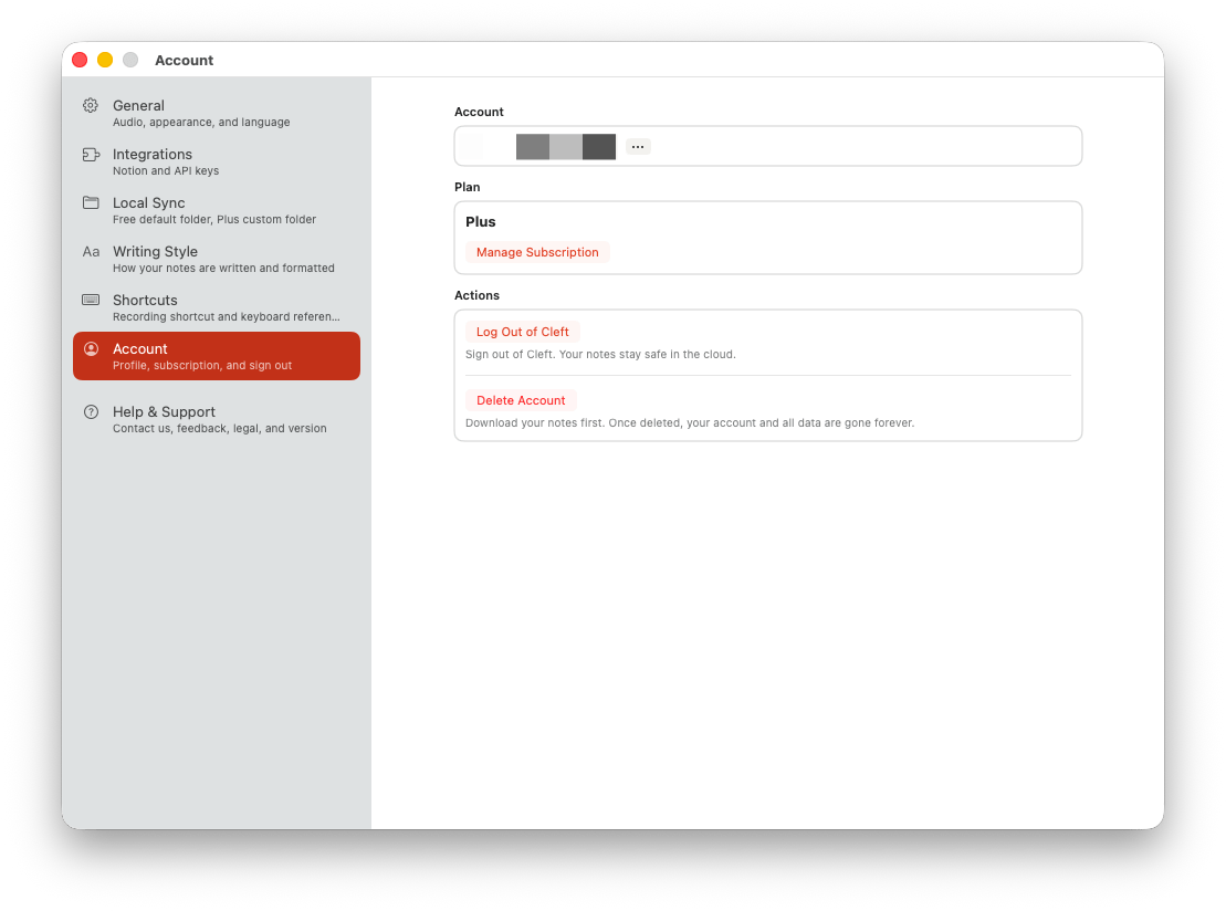 Cleft macOS Settings window open to Account, showing account details, Plus plan, Manage Subscription, Log Out of Cleft, and Delete Account.