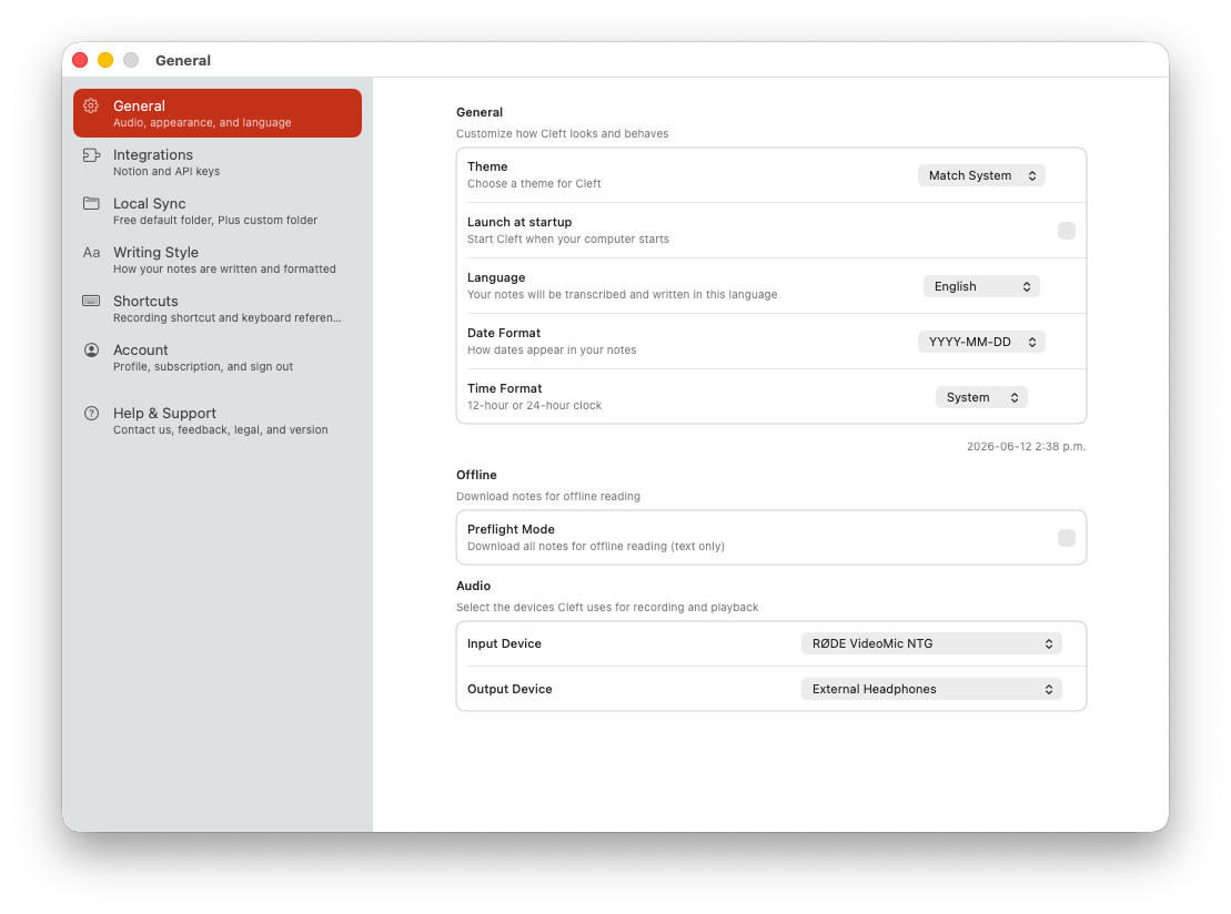 Cleft macOS Settings window open to General, showing theme, launch at startup, language, date format, time format, Preflight Mode, and audio device controls.