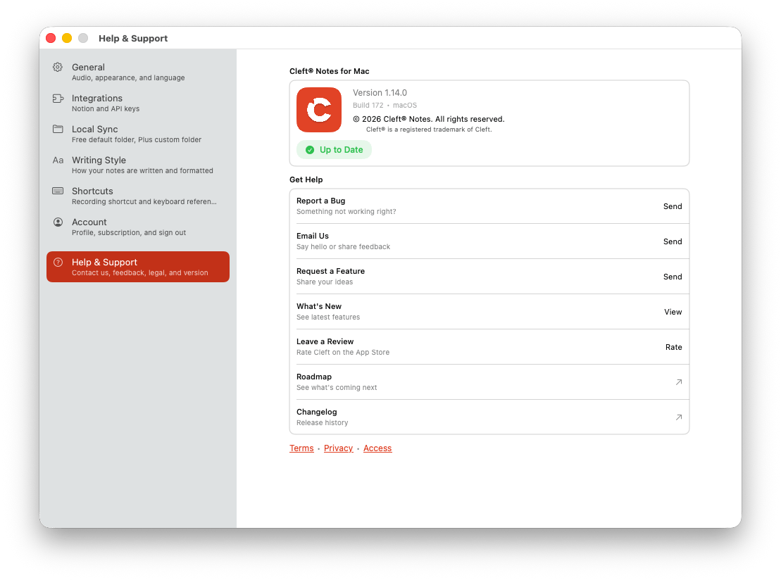 Cleft macOS Settings window open to Help and Support, showing version, update status, Report a Bug, Email Us, Request a Feature, What's New, Leave a Review, Roadmap, and Changelog.