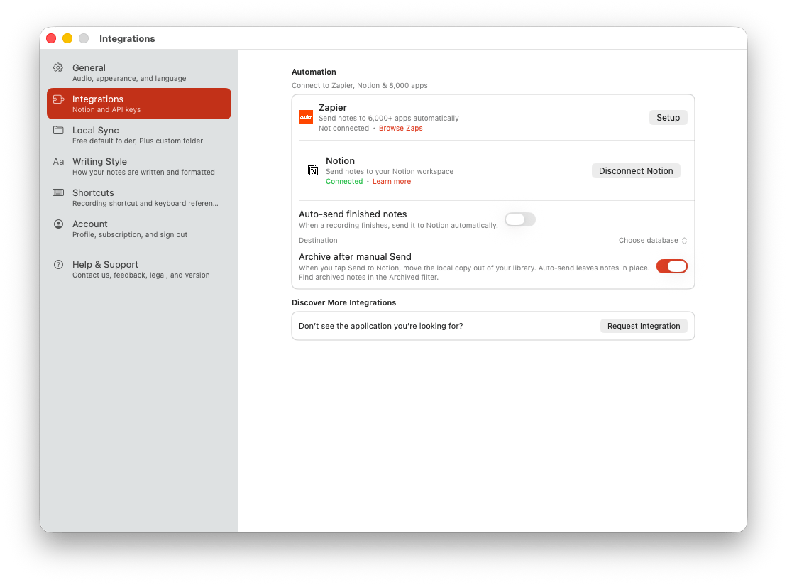 Cleft macOS Settings window open to Integrations, showing Zapier, Notion, auto-send, archive after manual send, and request integration controls.