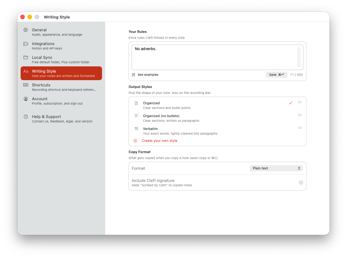 Cleft macOS Settings window open to Writing Style, showing Your Rules, Output Styles, Copy Format, and Include Cleft signature.