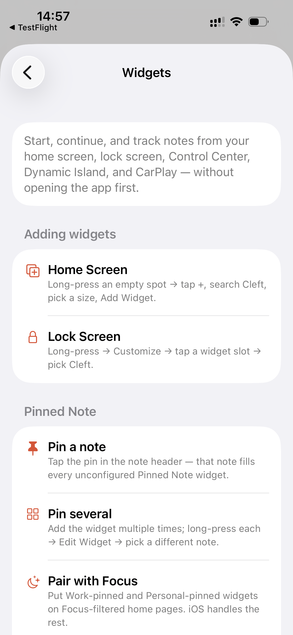 Cleft iPhone Widgets guide showing setup steps for Home Screen widgets, Lock Screen widgets, and Pinned Note.