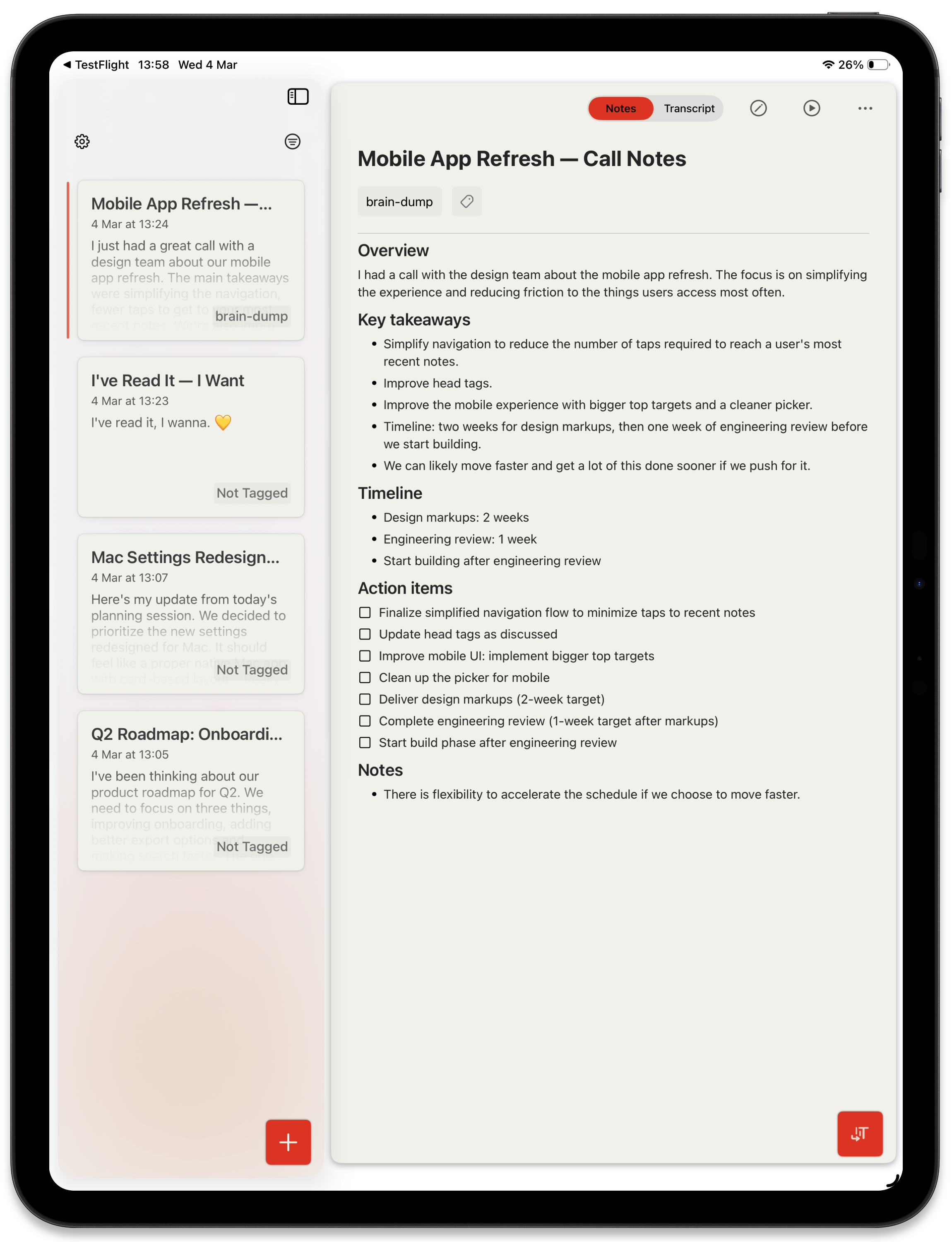 Cleft on iPad in portrait mode showing split view with notes list on the left and a detailed note with headings, bullet points, and action items on the right