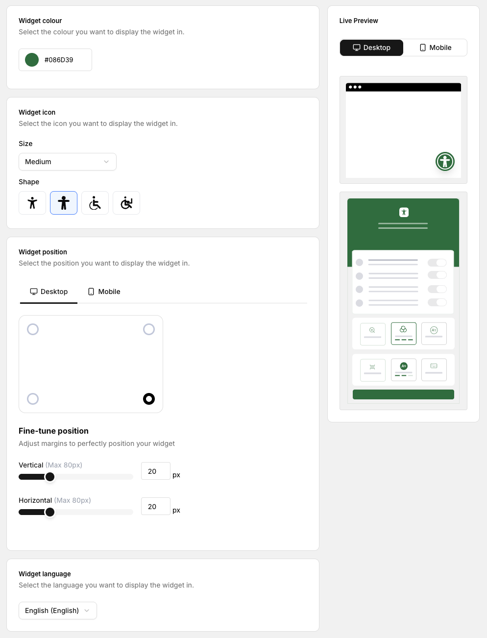 Customization interface with colour, icon, position, and language options