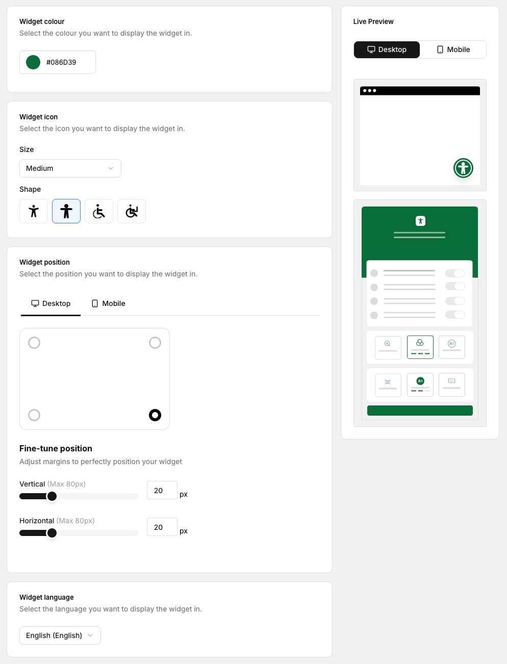 Customization interface with colour, icon, position, and language options