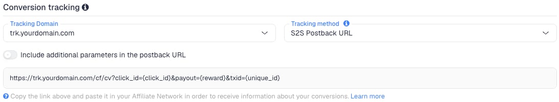 The Conversion tracking section of the Traffic Company network in ClickFlare, with the generated postback URL