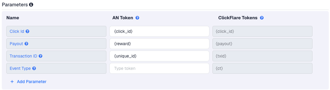 The Traffic Company template in ClickFlare: Click Id is {click_id}, Payout is {reward} and Transaction ID is {unique_id}