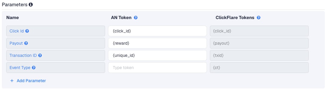 The Traffic Company template in ClickFlare: Click Id is {click_id}, Payout is {reward} and Transaction ID is {unique_id}