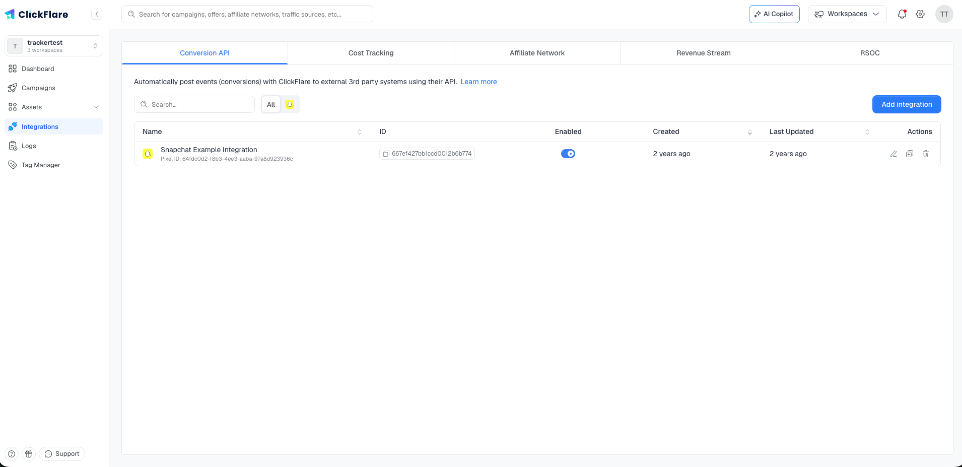 The Conversion API tab of the Integrations page, with the Add integration button