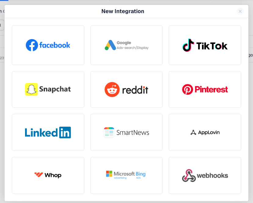 The New Integration picker with Whop in the bottom row