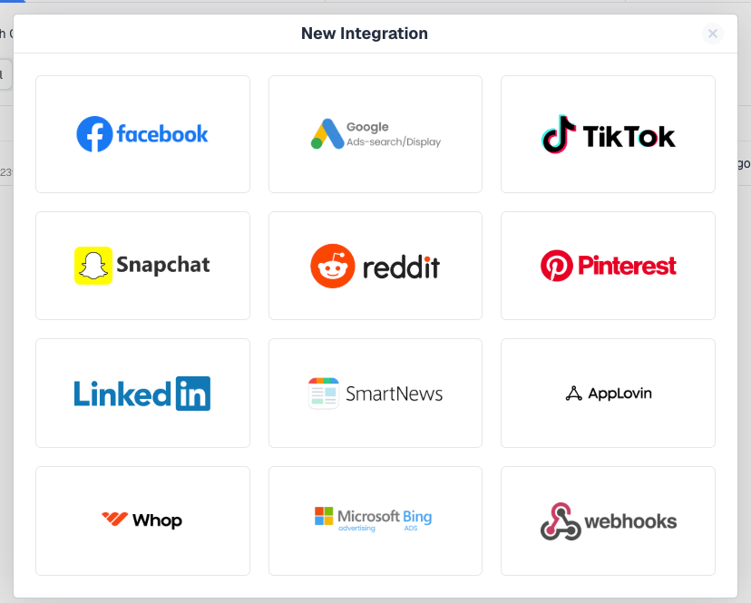 The New Integration picker with Whop in the bottom row