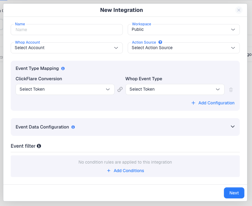 The Whop integration form with Name, Workspace, Whop Account, Action Source, Event Type Mapping, Event Data Configuration and Event filter