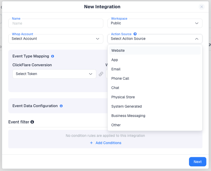 The Action Source dropdown: Website, App, Email, Phone Call, Chat, Physical Store, System Generated, Business Messaging, Other