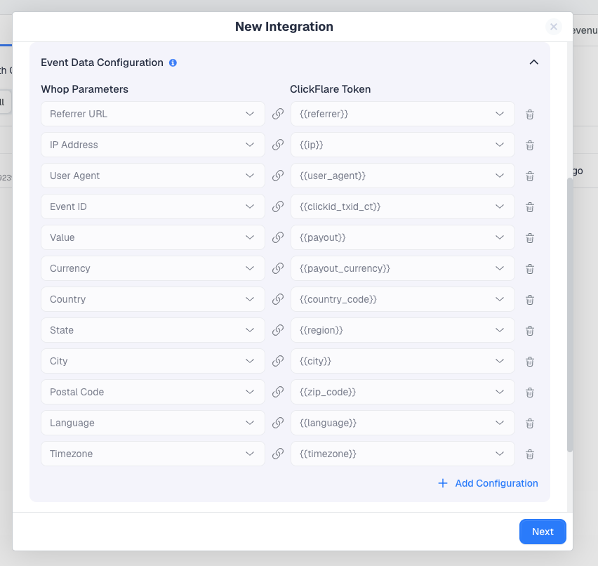 The default Event Data Configuration for Whop