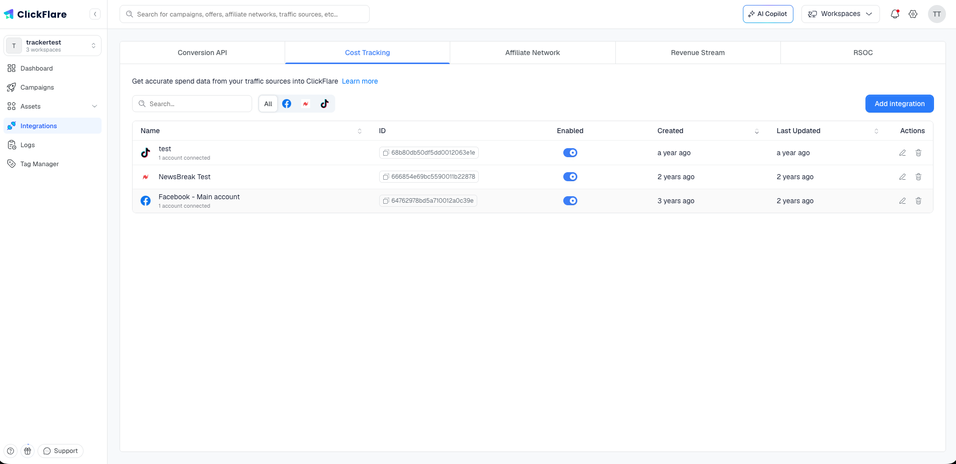 The Cost Tracking tab of the Integrations page, with the Add integration button