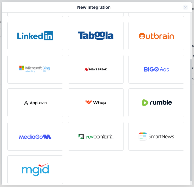 The New Integration picker with Whop among the cost integrations