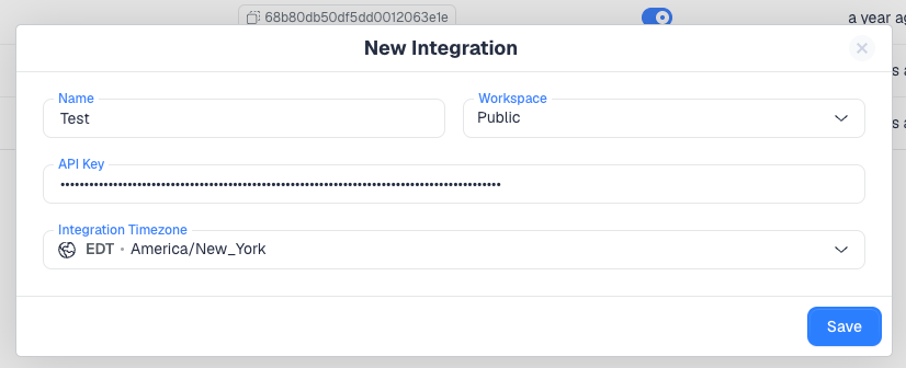 The Whop cost integration form with Name, Workspace, API Key and Integration Timezone