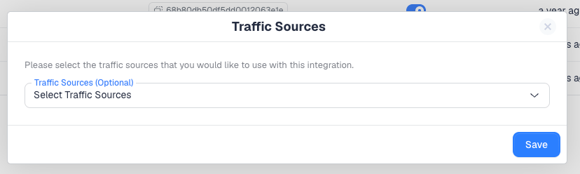 The Traffic Sources dialog with an optional Select Traffic Sources field