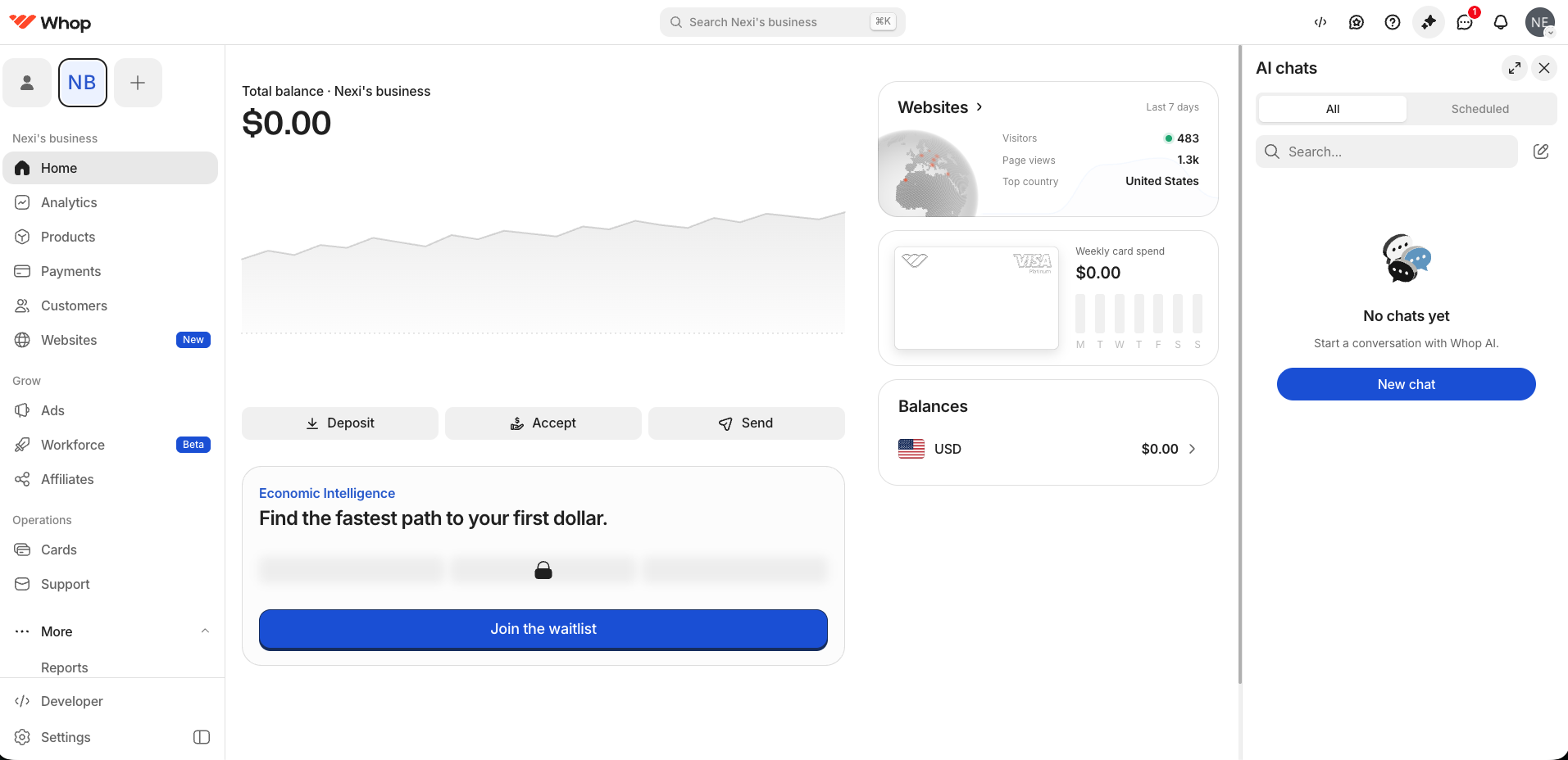 The Whop dashboard with the business switcher at the top left and Developer at the bottom of the sidebar