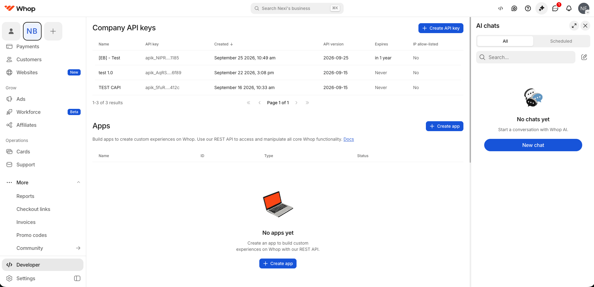 The Company API keys section of the Whop Developer page, with the Create API key button