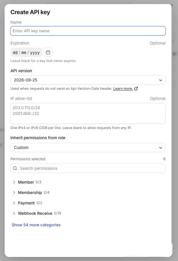The Create API key form in Whop