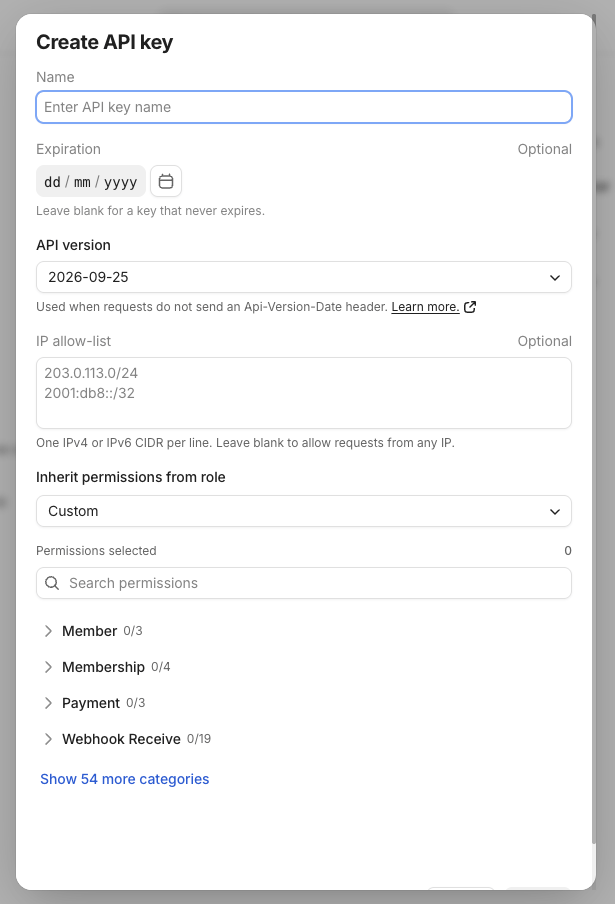 The Create API key form in Whop
