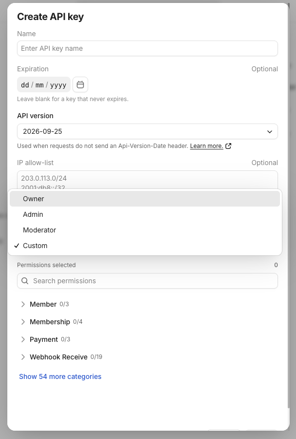 The role dropdown with Owner, Admin, Moderator and Custom