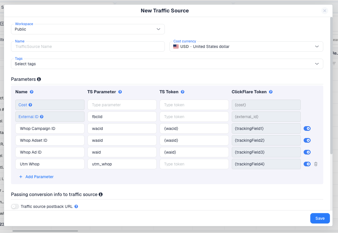 The New Traffic Source form created from the Whop template, with the Whop parameters pre-filled