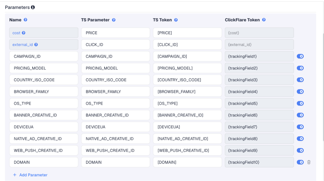 The ClickAdilla template's Parameters table in ClickFlare, with ClickAdilla's macros pre-filled