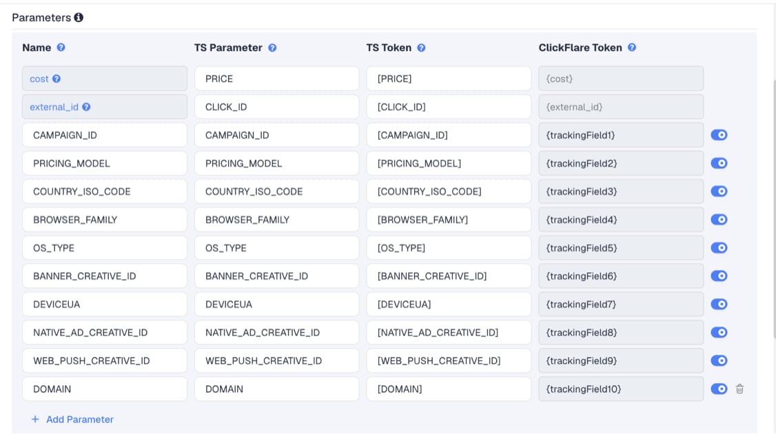 The ClickAdilla template's Parameters table in ClickFlare, with ClickAdilla's macros pre-filled