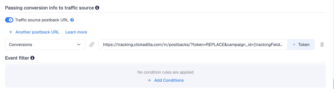 The Traffic source postback URL switched on, showing the ClickAdilla template's postback
