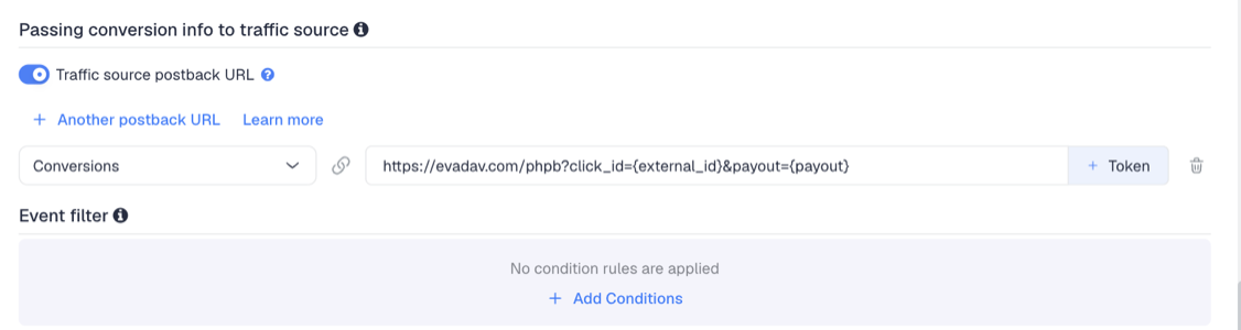 The Traffic source postback URL switched on, showing the EvaDav template's postback