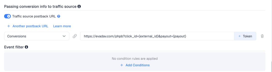 The Traffic source postback URL switched on, showing the EvaDav template's postback