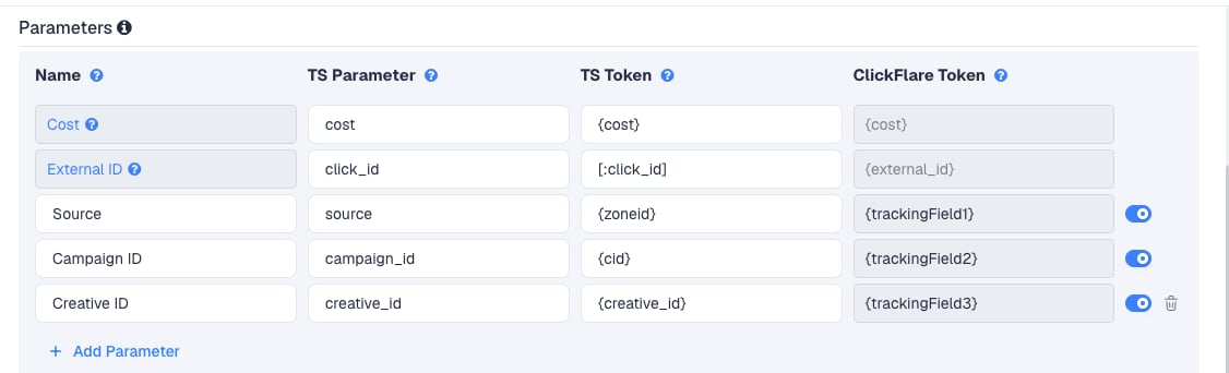 The Galaksion template's Parameters table in ClickFlare, with Galaksion's macros pre-filled
